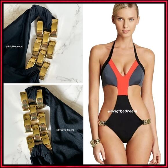 NWT Beach Bunny Bikini SHORELINES Chain Side Hip Skimpy Monokini L $185 - Picture 14 of 15